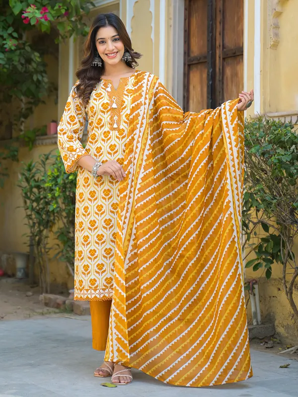 Mustard yellow printed cotton kurti set with dupatta
