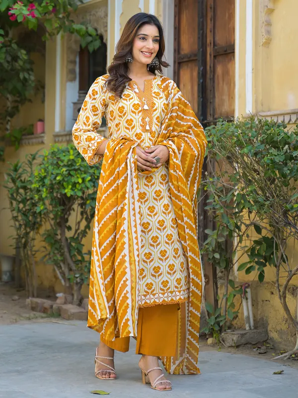 Mustard yellow printed cotton kurti set with dupatta