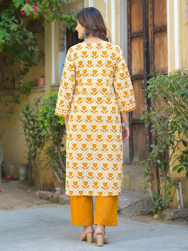 Mustard yellow printed cotton kurti set with dupatta