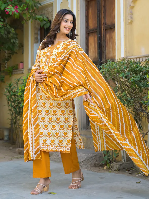 Mustard yellow printed cotton kurti set with dupatta