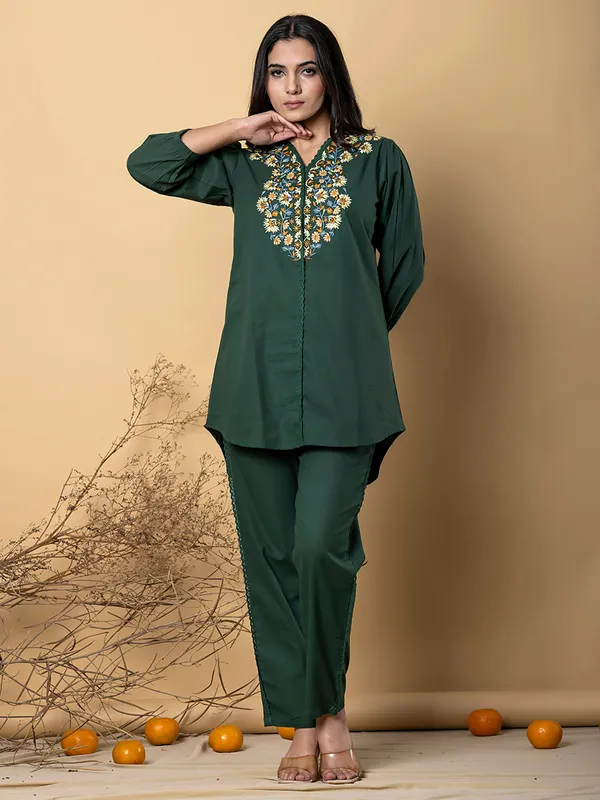 Bottle green cotton silk co-ord set