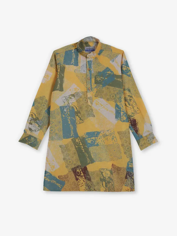 Mustard yellow printed cotton silk kurta for festive wear