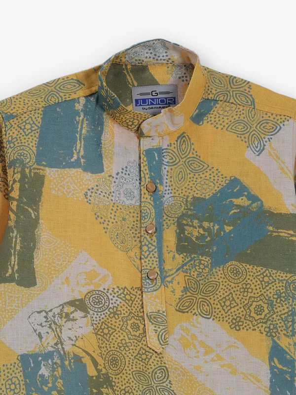 Mustard yellow printed cotton silk kurta for festive wear