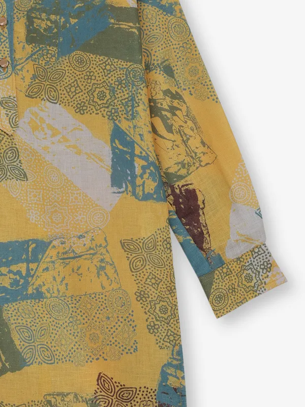 Mustard yellow printed cotton silk kurta for festive wear