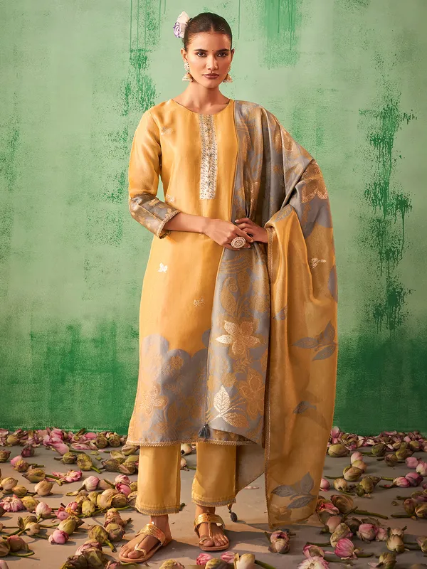 Mustard yellow printed cotton silk kurti set