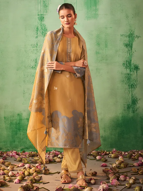 Mustard yellow printed cotton silk kurti set