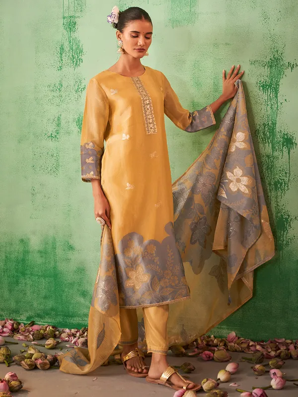 Mustard yellow printed cotton silk kurti set