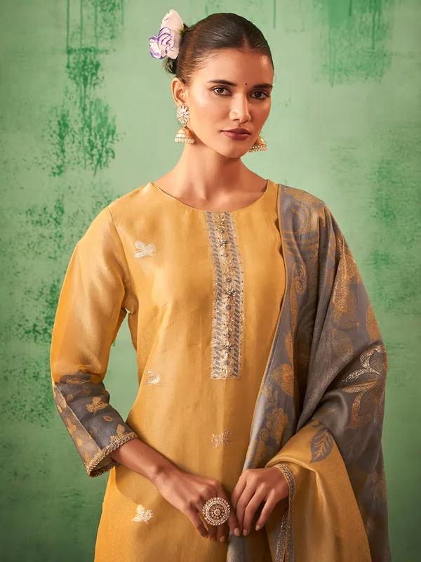 Mustard yellow printed cotton silk kurti set