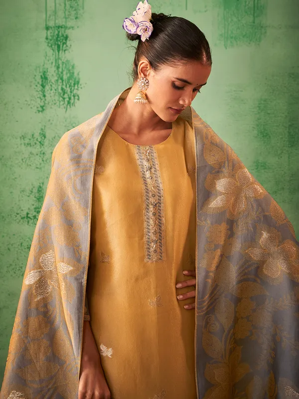 Mustard yellow printed cotton silk kurti set
