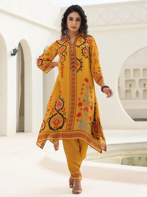 Mustard yellow printed crepe kurti set