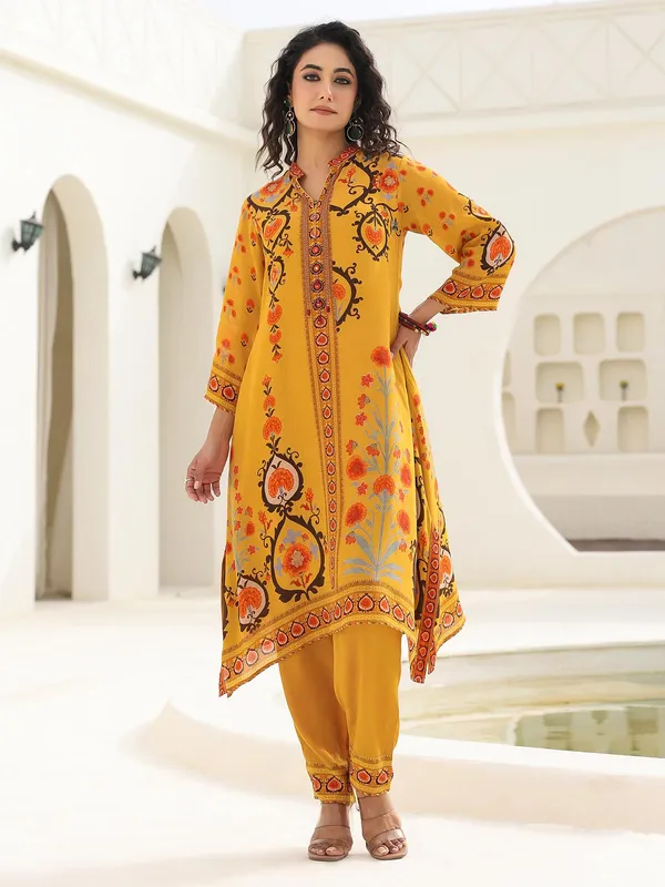 Mustard yellow printed crepe kurti set