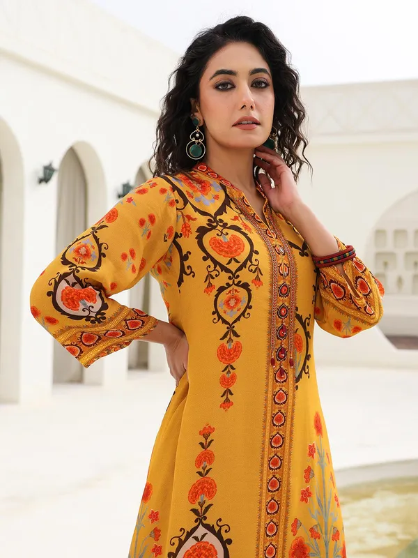Mustard yellow printed crepe kurti set