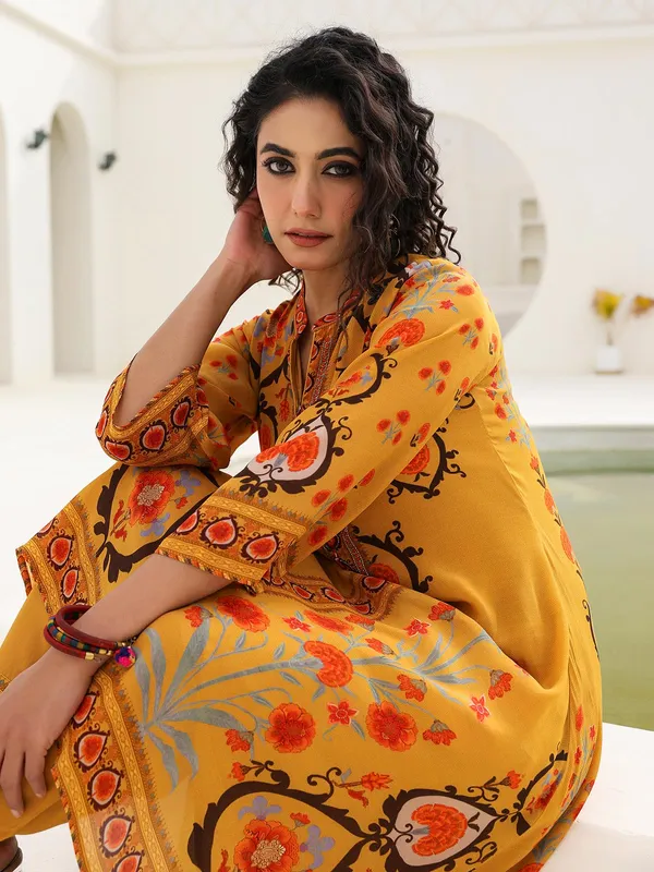Mustard yellow printed crepe kurti set