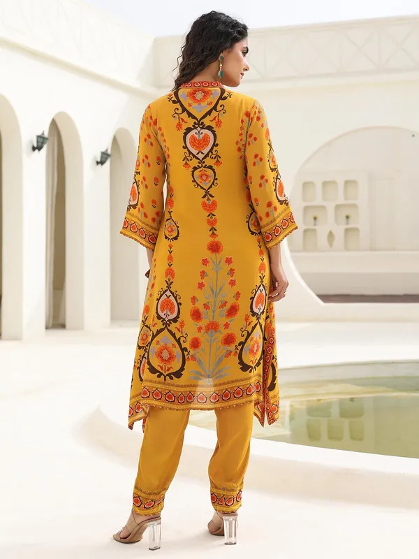 Mustard yellow printed crepe kurti set