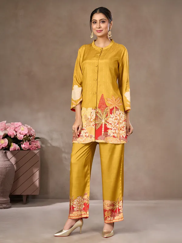 Mustard yellow printed crepe silk co-ord set