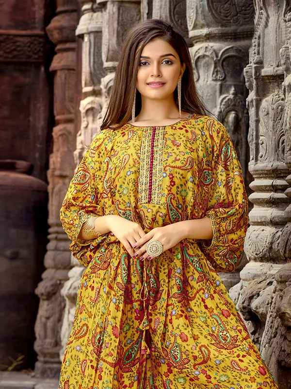 Mustard yellow printed crop top with palazzo