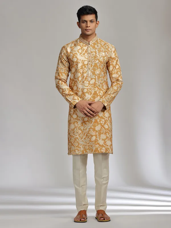 Mustard yellow printed festive wear silk kurta suit