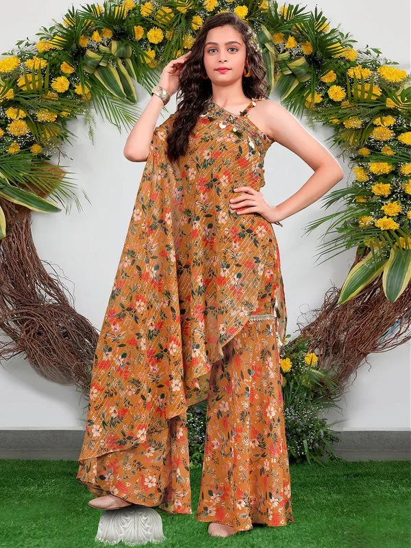 Mustard yellow printed georgette sharara suit