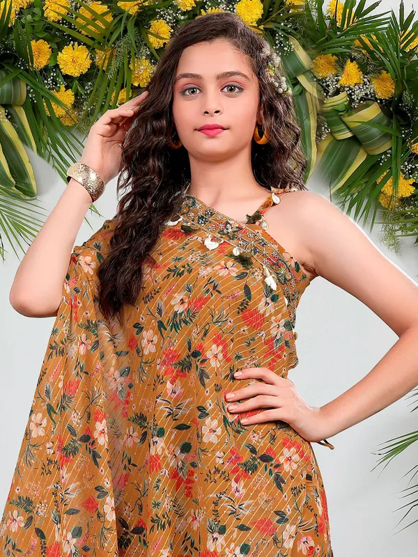 Mustard yellow printed georgette sharara suit