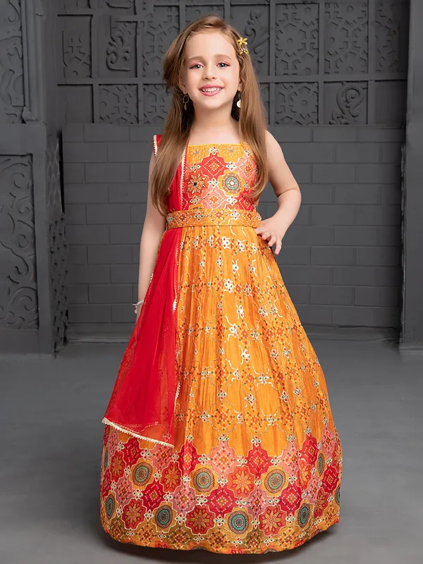 Mustard yellow printed gown in silk