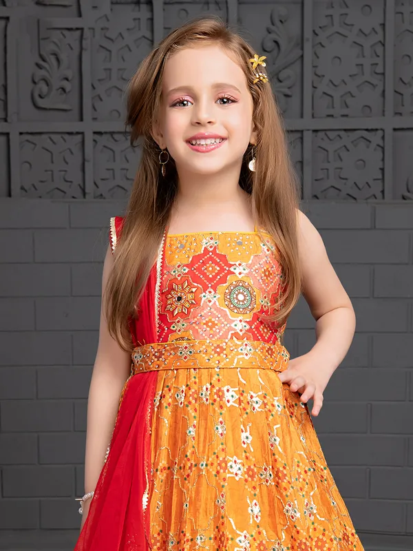 Mustard yellow printed gown in silk