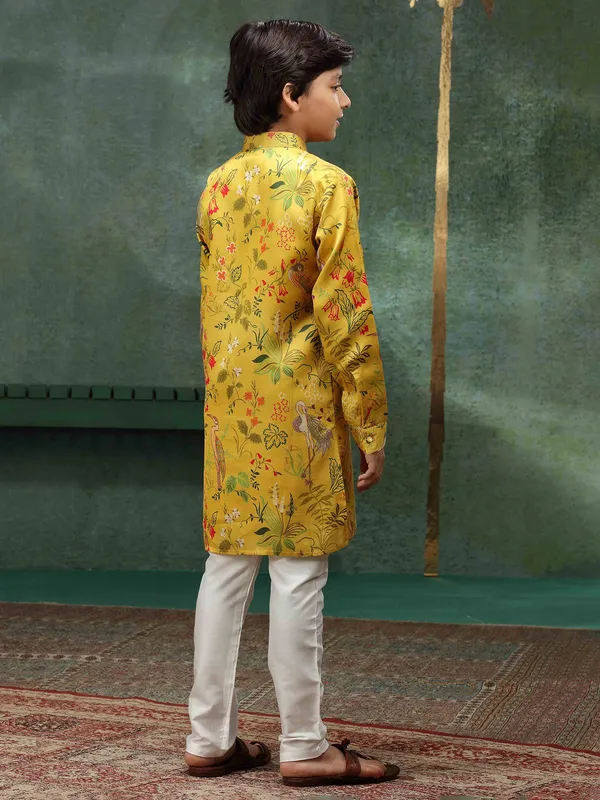 Mustard yellow printed heavy kurta suit for boys