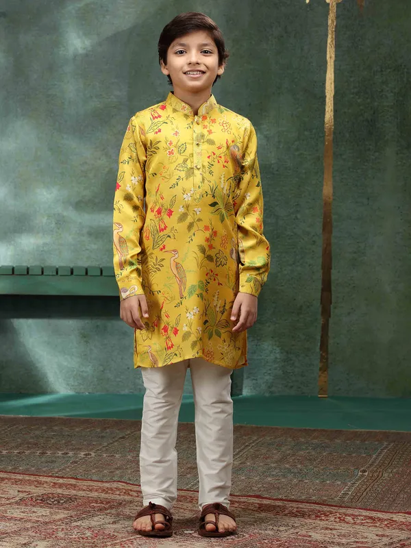 Mustard yellow printed heavy kurta suit for boys