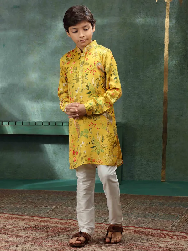 Mustard yellow printed heavy kurta suit for boys