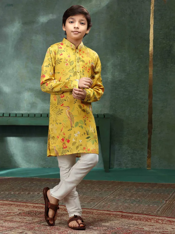 Mustard yellow printed heavy kurta suit for boys