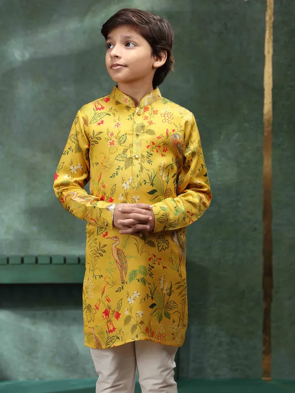 Mustard yellow printed heavy kurta suit for boys