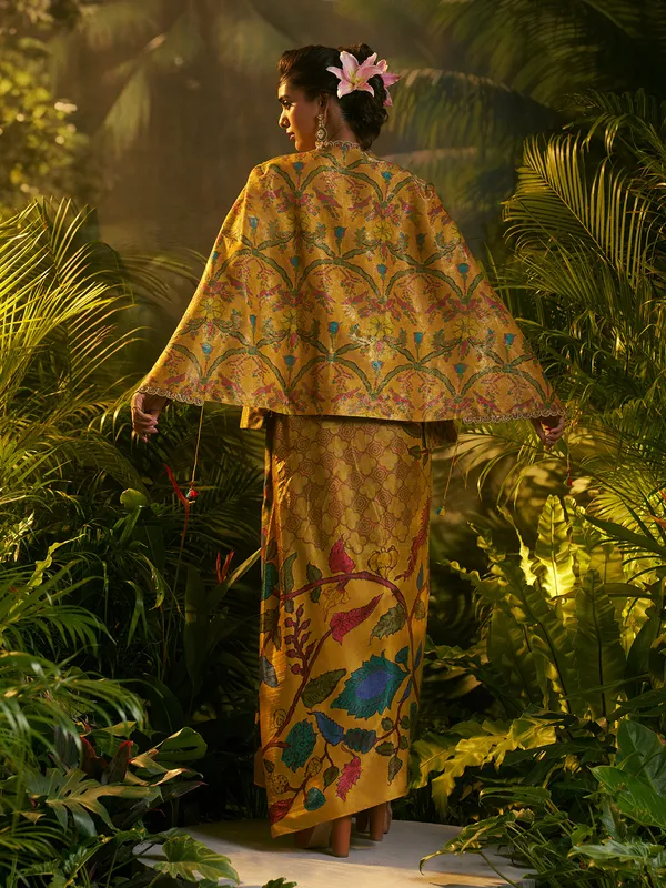 Mustard yellow printed indowestern suit for women