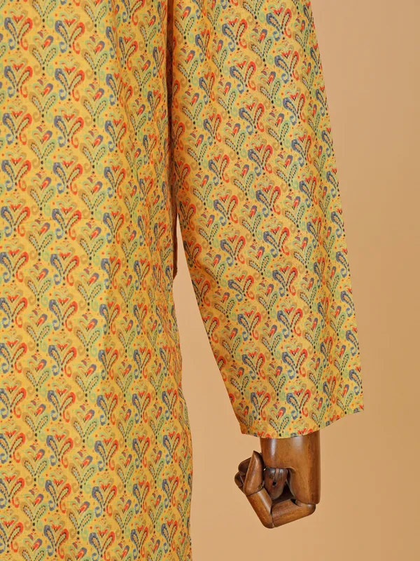 Mustard yellow printed kurta suit in cotton silk