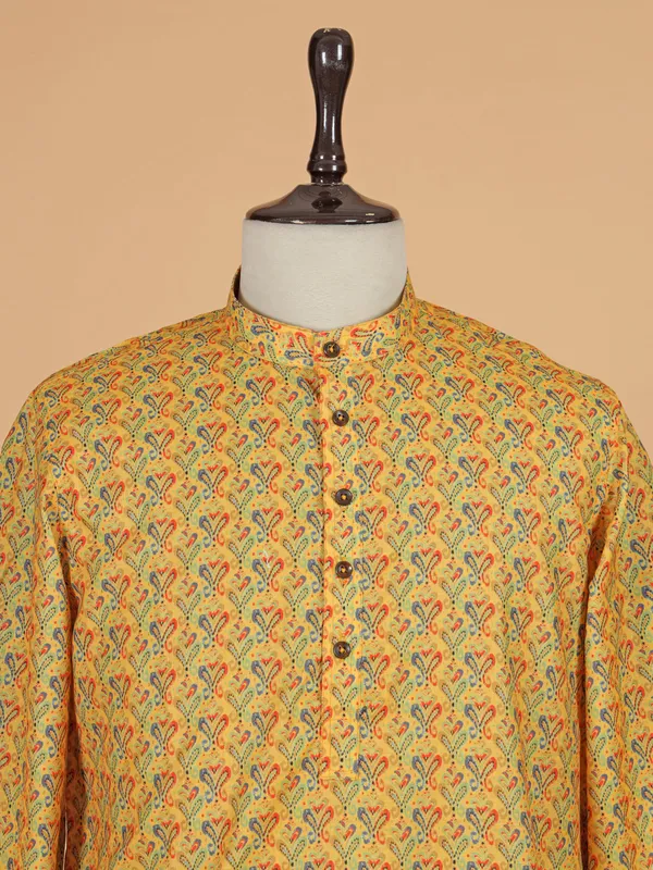 Mustard yellow printed kurta suit in cotton silk