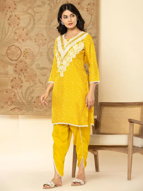 Mustard yellow printed kurti set for women in silk