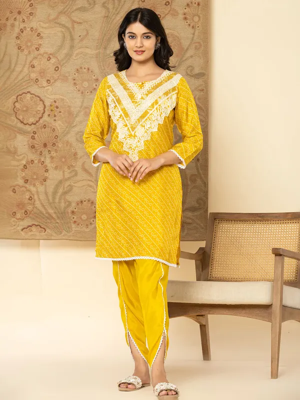 Mustard yellow printed kurti set for women in silk