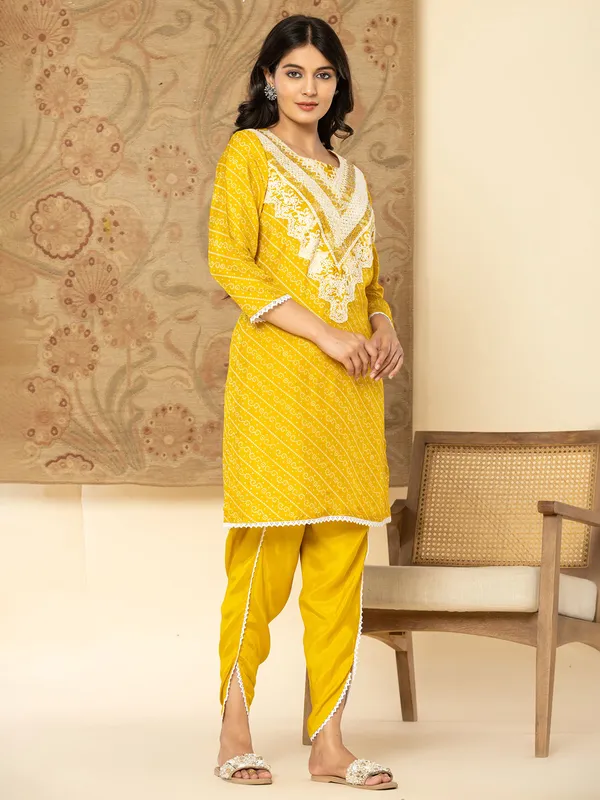 Mustard yellow printed kurti set for women in silk