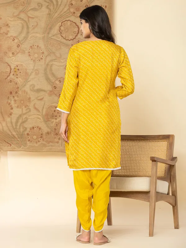 Mustard yellow printed kurti set for women in silk