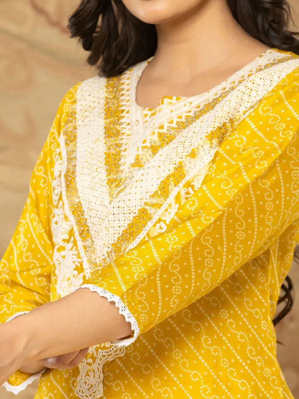 Mustard yellow printed kurti set for women in silk