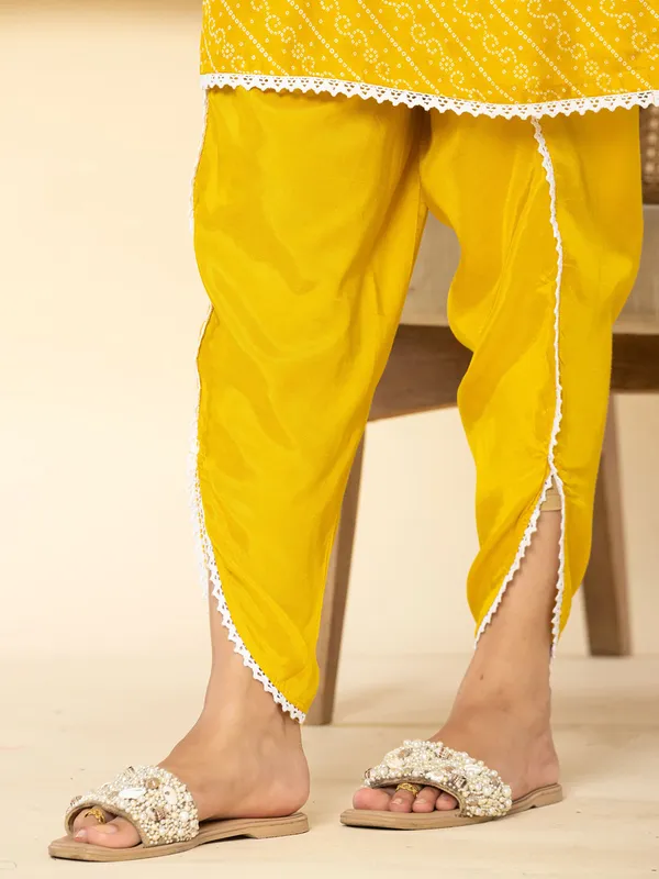 Mustard yellow printed kurti set for women in silk