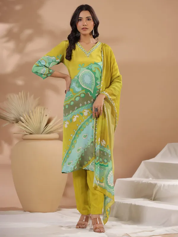 Mustard yellow printed kurti set in cotton