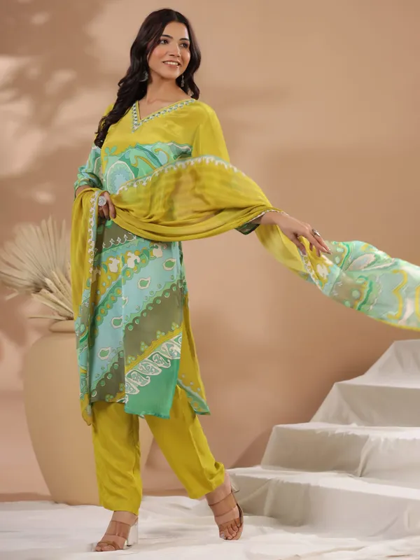 Mustard yellow printed kurti set in cotton