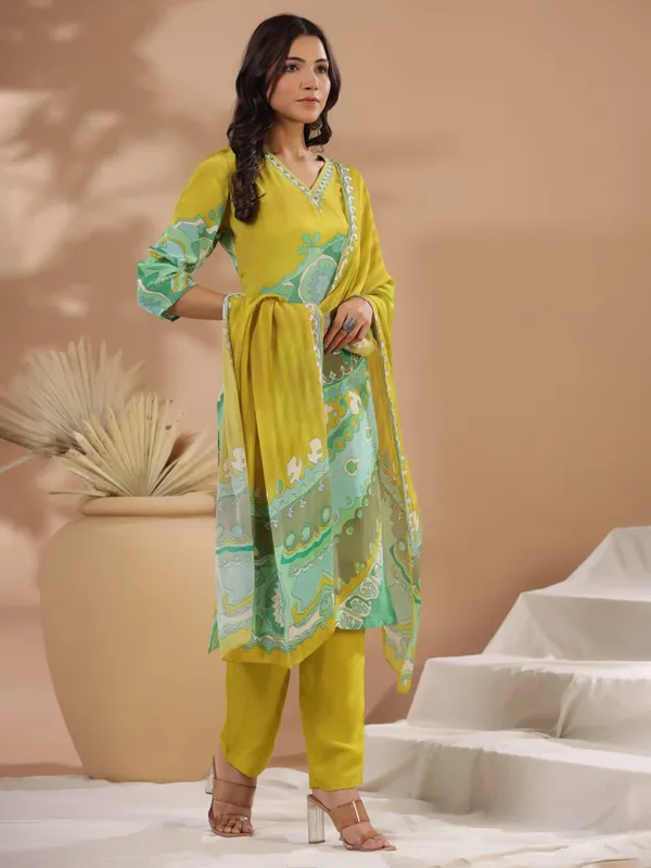 Mustard yellow printed kurti set in cotton