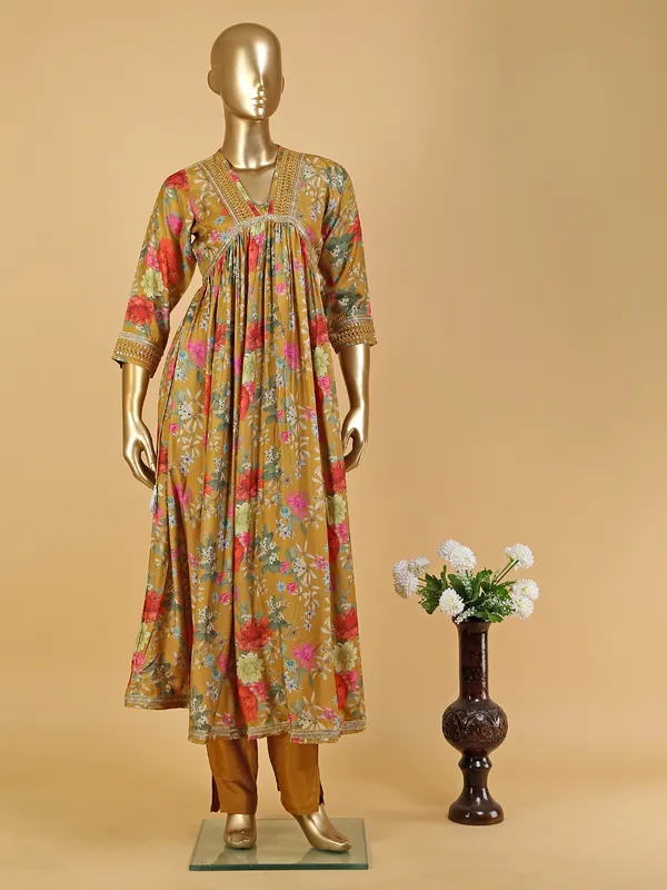 Mustard yellow printed kurti set in silk
