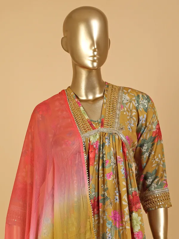 Mustard yellow printed kurti set in silk