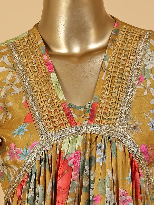 Mustard yellow printed kurti set in silk