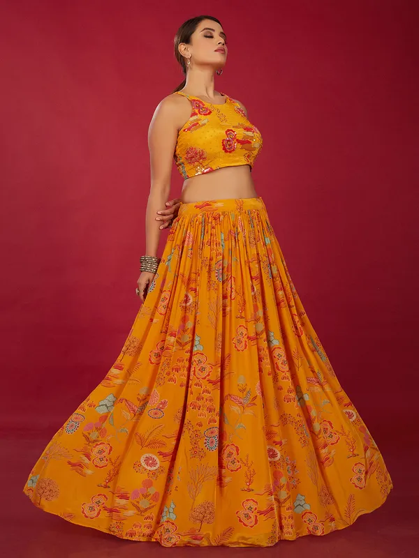 Mustard yellow printed lehenga choli in silk