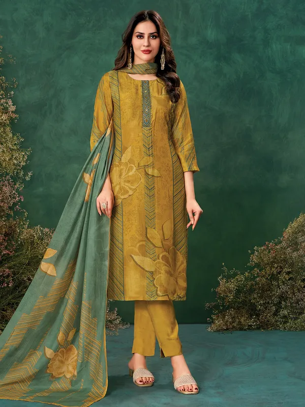 Mustard yellow printed muslin salwar suit
