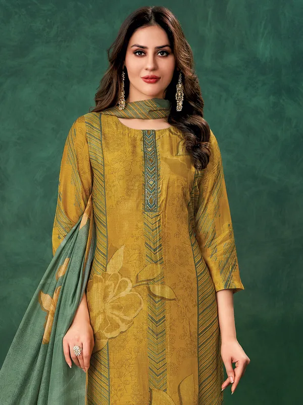 Mustard yellow printed muslin salwar suit