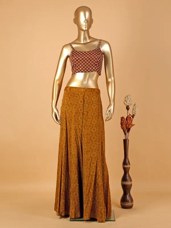 Mustard yellow printed palazzo suit with shrug