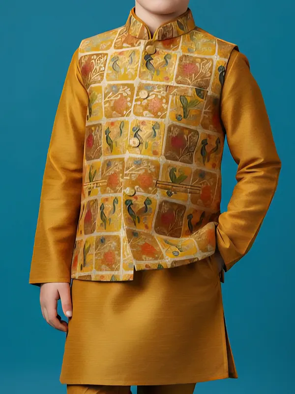 Mustard yellow printed semi silk waistcoat set